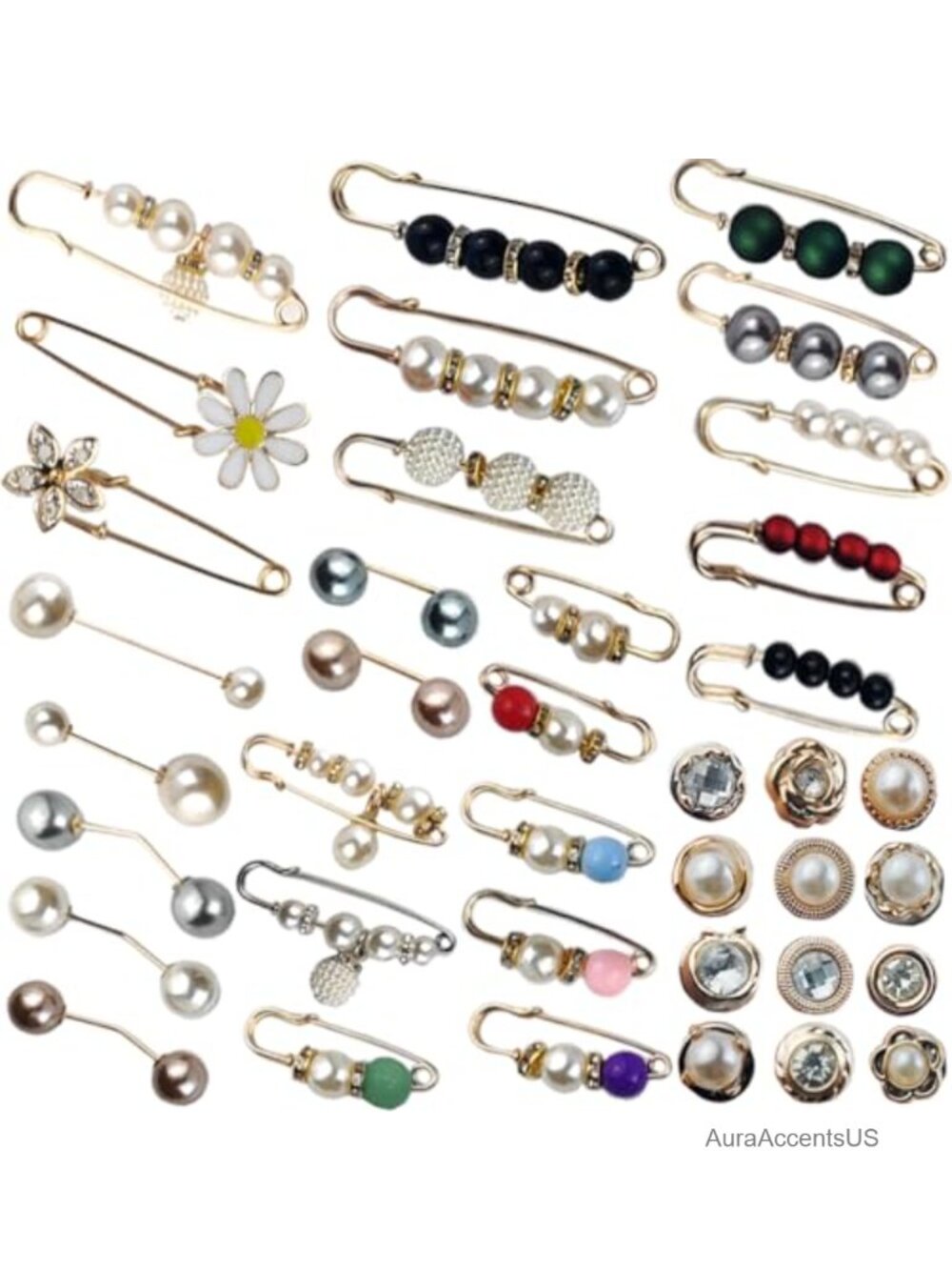 40pc Pearl Brooch Safety Pins for Women Clothing Dress Cover Up Buttons